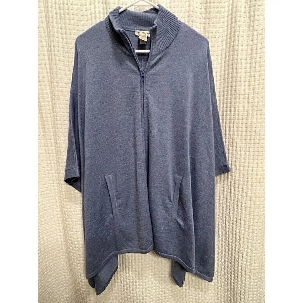 Orvis Womens Sm/Med Dusty Blue Wool Zipper Poncho Shrug Cape G7